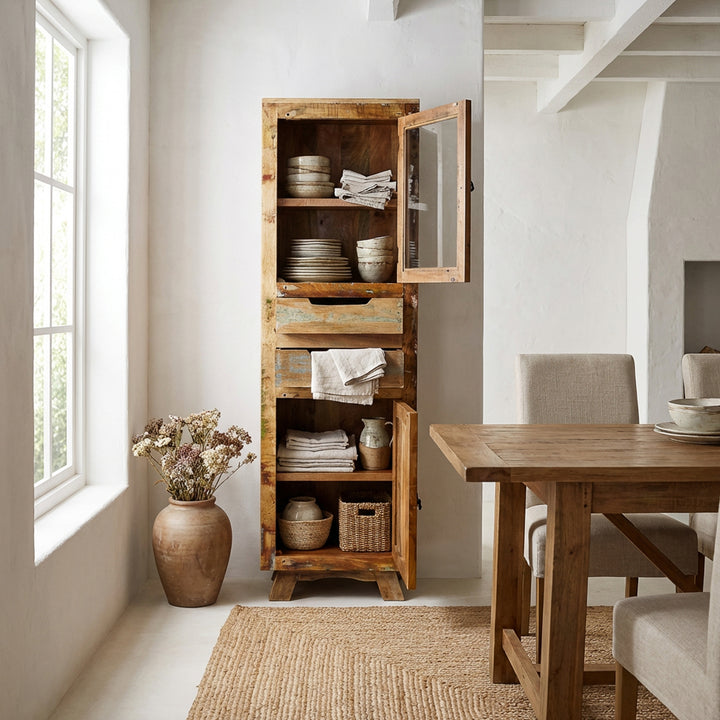 Display cabinet made of solid wood and old wood with drawer and doors in country house style, placed in the dining room