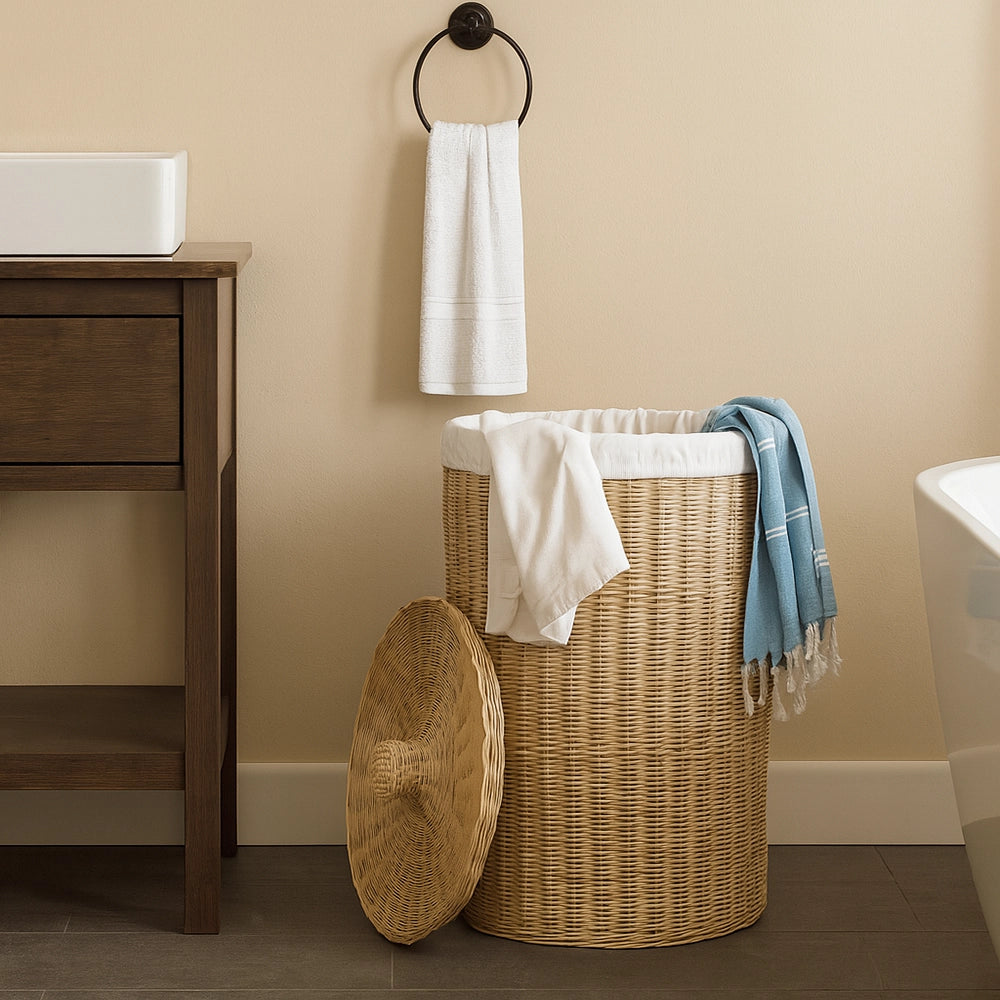 Heller Wäschekorb mit Deckel aus Naturmaterial im Badezimmer, mit Stoffeinsatz, Handtüchern und abgenommenem Deckel neben Waschtisch und Badewanne.