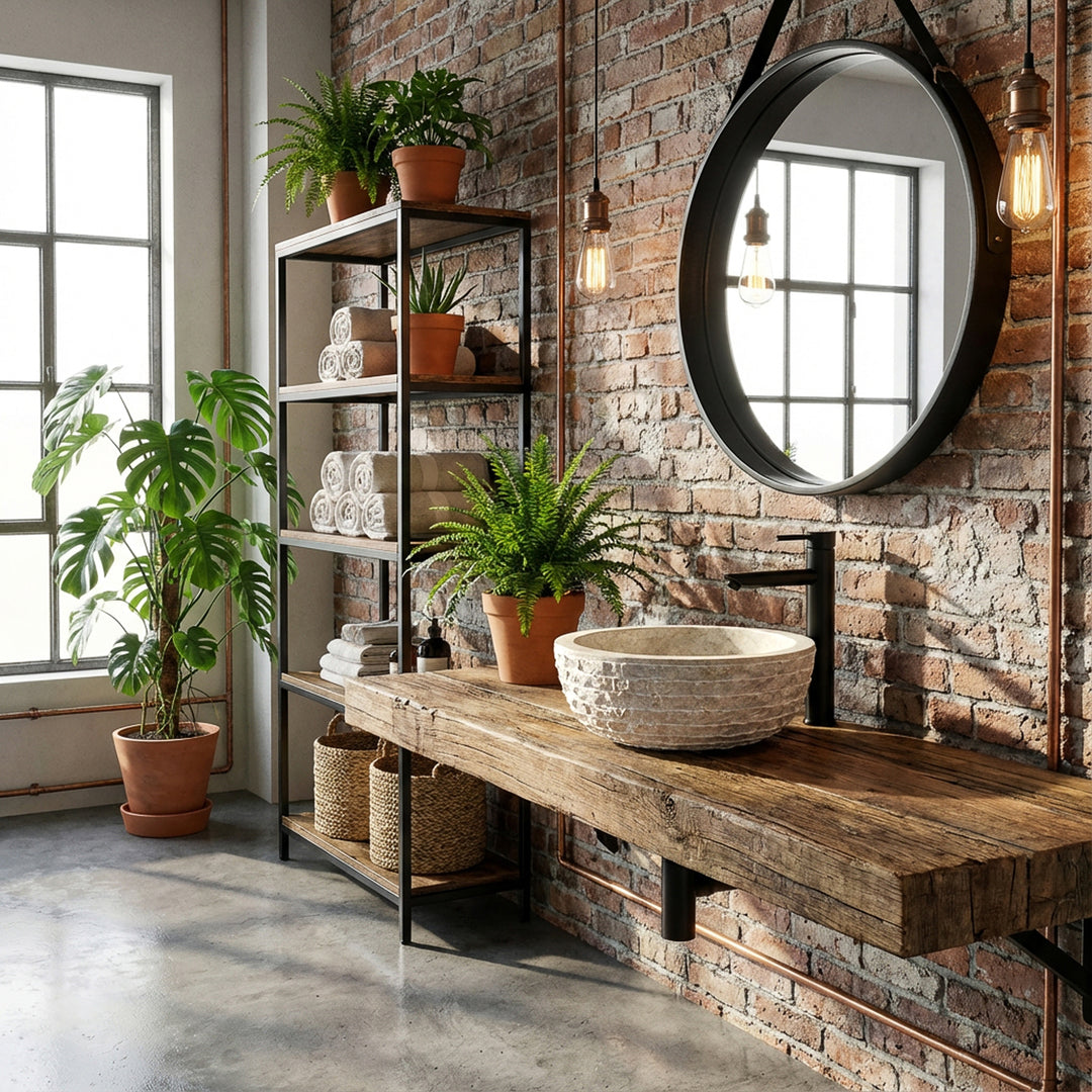 Round marble-look countertop basin made of light stone on a wooden console with black fittings in the industrial loft bathroom