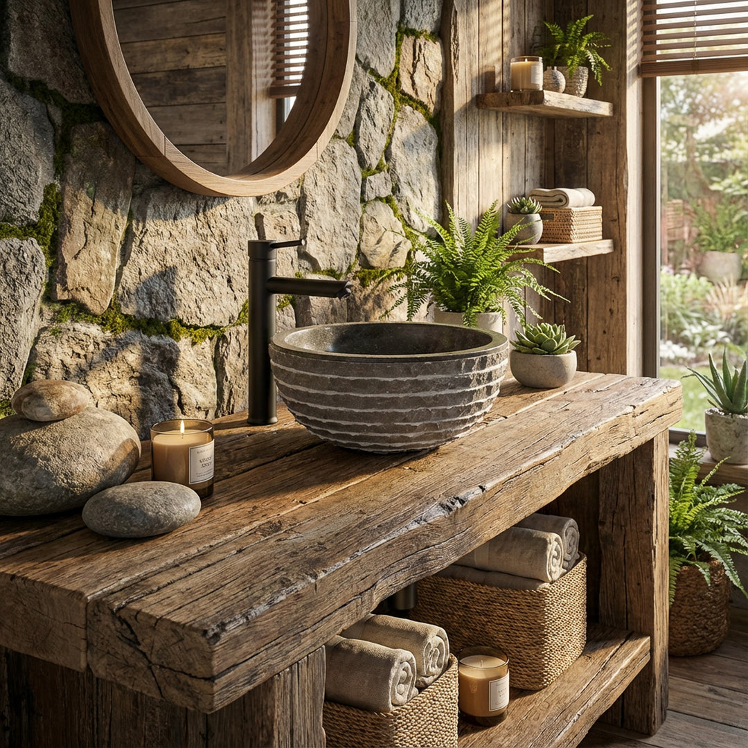 Round marble countertop sink on rustic wooden table in natural bathroom with stone wall and plants