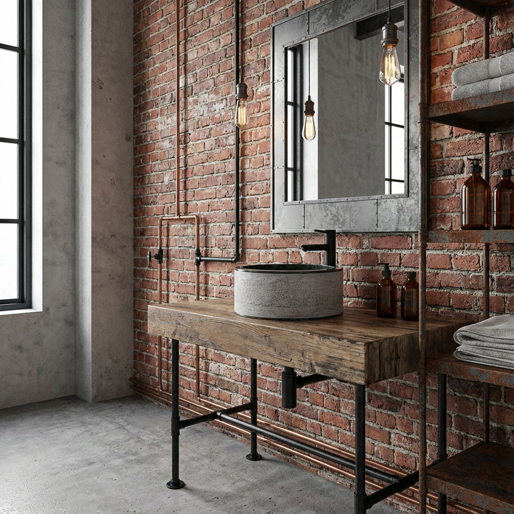 Round Washbasin made of marble on a solid wooden console, staged in the industrial loft bathroom with a brick wall.