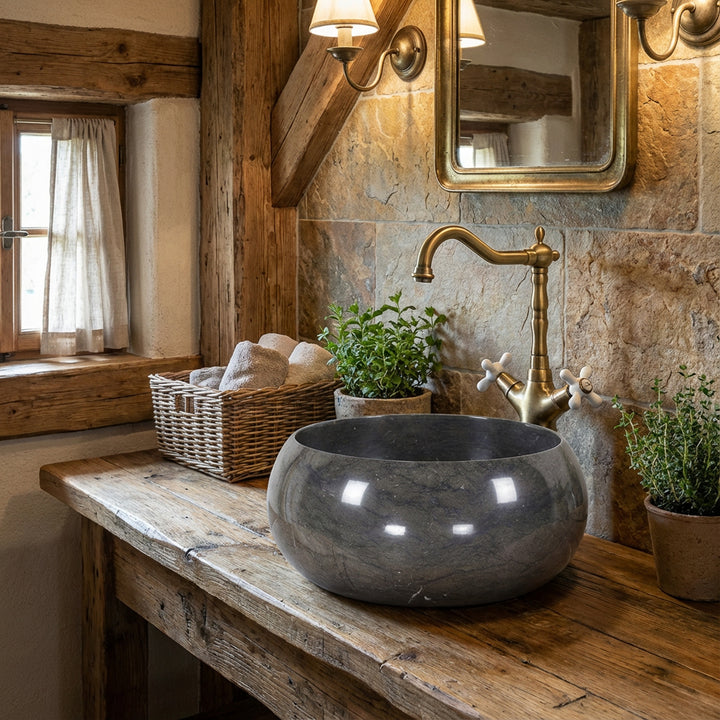Round countertop basin made of natural stone on a rustic wooden table in a cozy bathroom with brass fittings and warm light