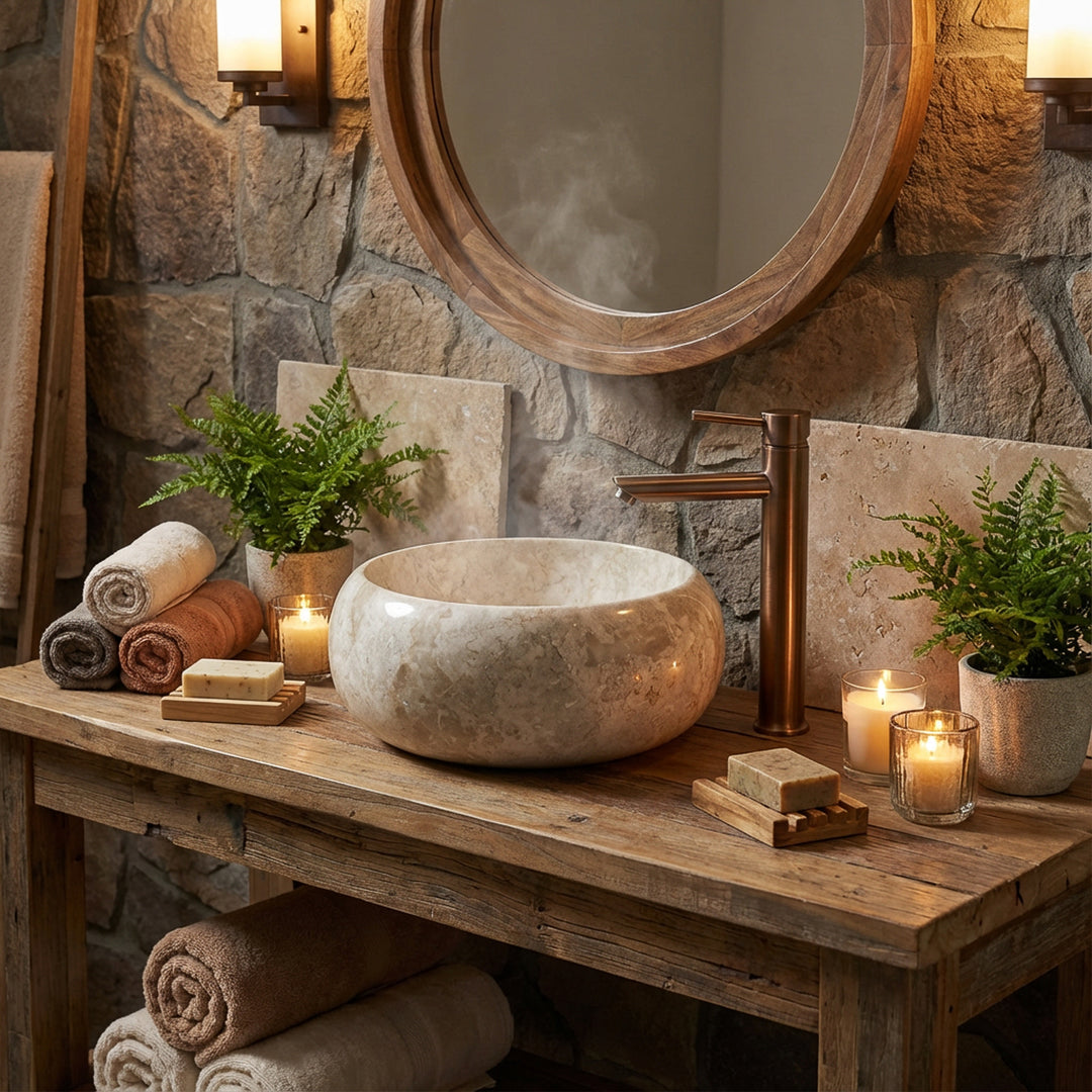 Round countertop washbasin made of light marble on a rustic wooden console with brass fittings in a warm spa bathroom ambience