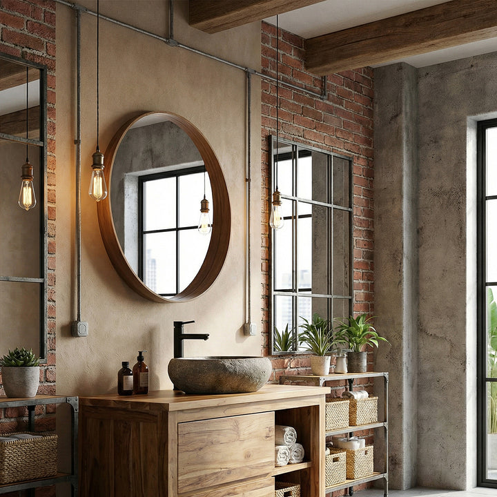 stoneWashbasin in a modern loft bathroom on a wooden washbasin, combined with black fittings and an industrial ambience