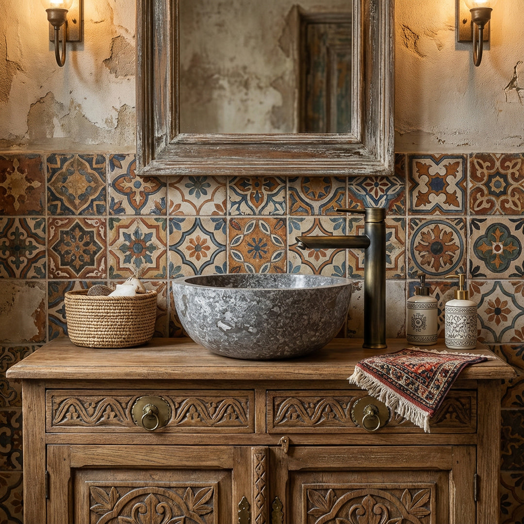 Round stone washbasin made of natural stone on a wooden washstand with patterned tiles in an oriental-rustic bathroom ambience