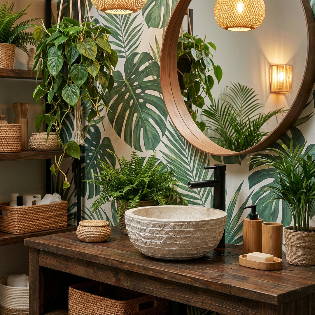 Round countertop basin made of natural stone with a textured surface on a wooden table in a green boho bathroom with plants and warm light