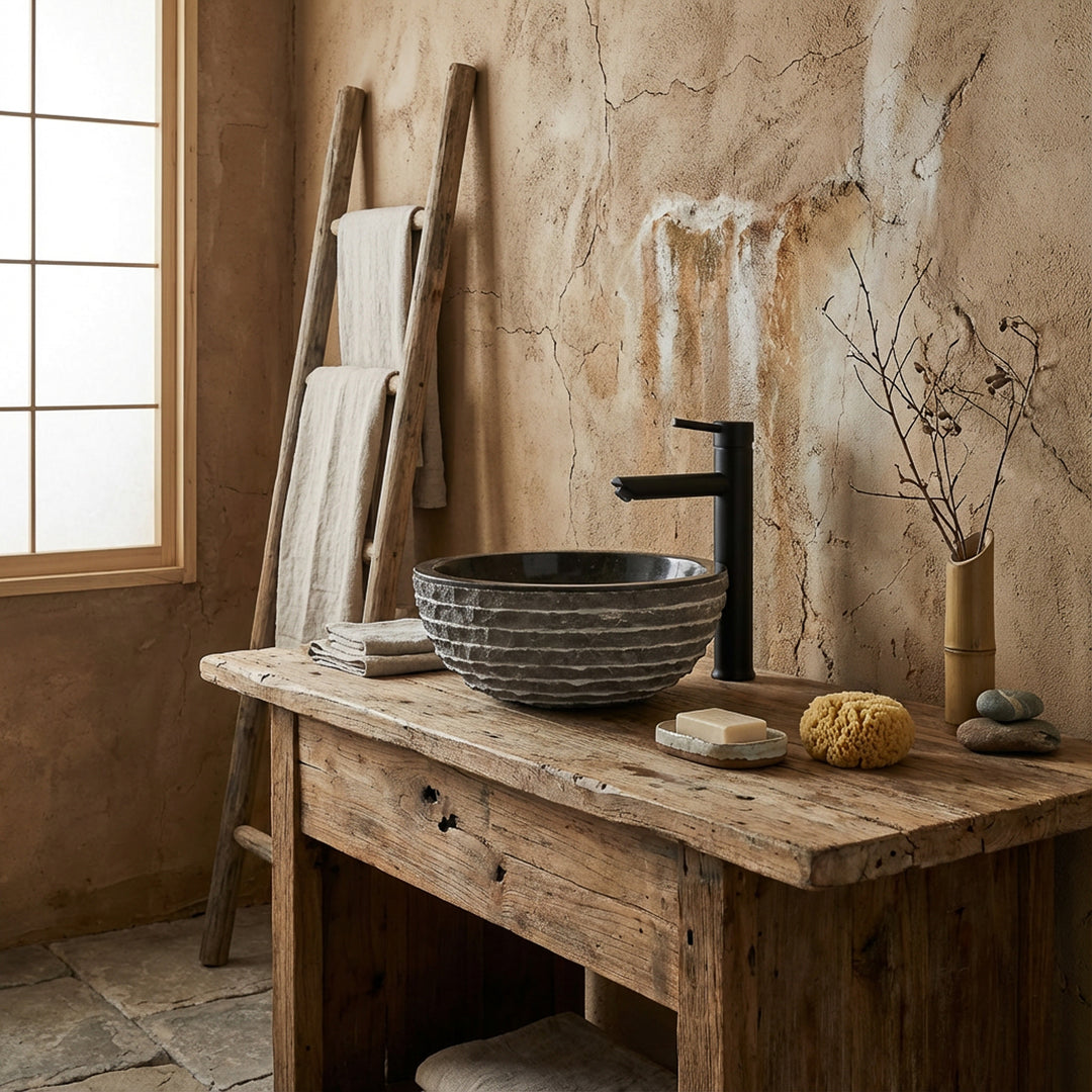 Round natural stone sink on rustic wooden table in tranquil spa bathroom with black faucet and warm natural light