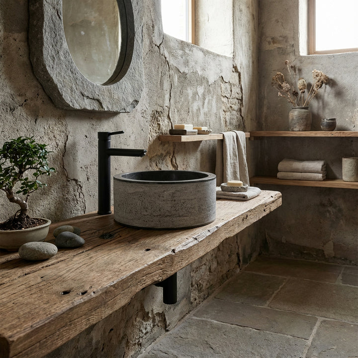 Round Washbasin made of natural stone on a rustic wooden console, quietly staged in the minimalist spa bathroom with natural tones.