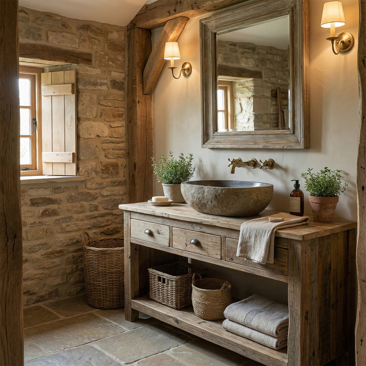 Natural stone Washbasin in the bright country house bathroom on a wooden washbasin, combined with wall fittings, baskets and natural daylight