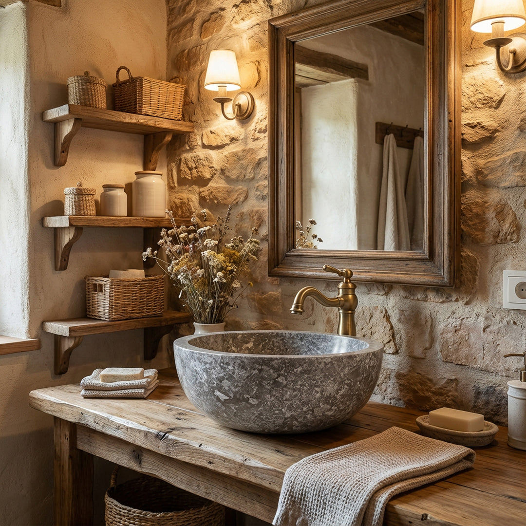 Round Washbasin made of solid stone on a rustic wooden console with brass fittings in the warm country house bathroom