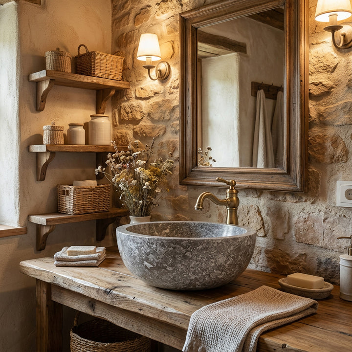 Round Washbasin made of solid stone on a rustic wooden console with brass fittings in the warm country house bathroom