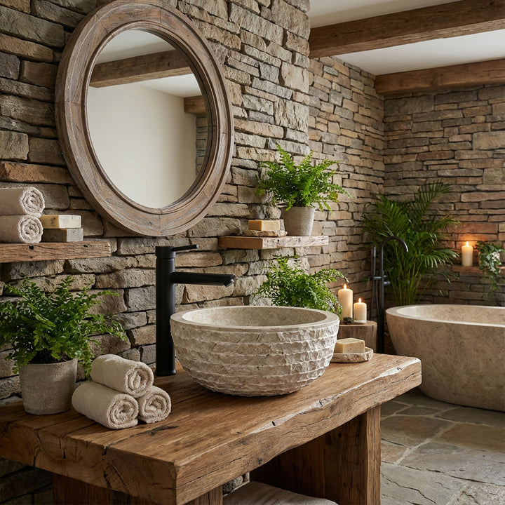 Round countertop washbasin made of natural stone with a textured surface on a solid wooden table in a warm stone bathroom with plants