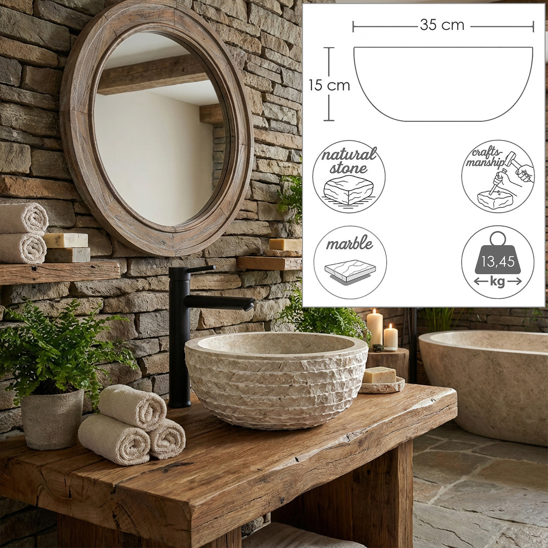 Round countertop washbasin made of natural stone with a textured surface, shown on a wooden washbasin with dimensional graphics (35 cm, 15 cm, 13.45 kg)