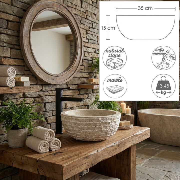 Round countertop washbasin made of natural stone with a textured surface, shown on a wooden washbasin with dimensional graphics (35 cm, 15 cm, 13.45 kg)