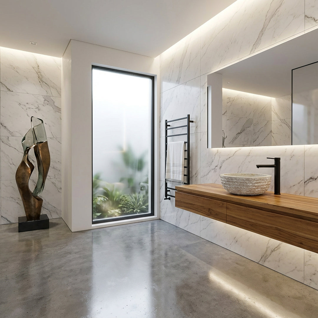 Modern stone washbasin as a countertop basin on a floating wooden washbasin in a bright bathroom with natural stone tiles