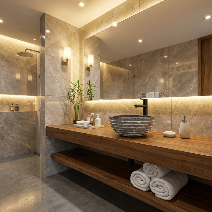 Round Washbasin made of natural stone on a floating wooden vanity in the modern spa bathroom with indirect lighting