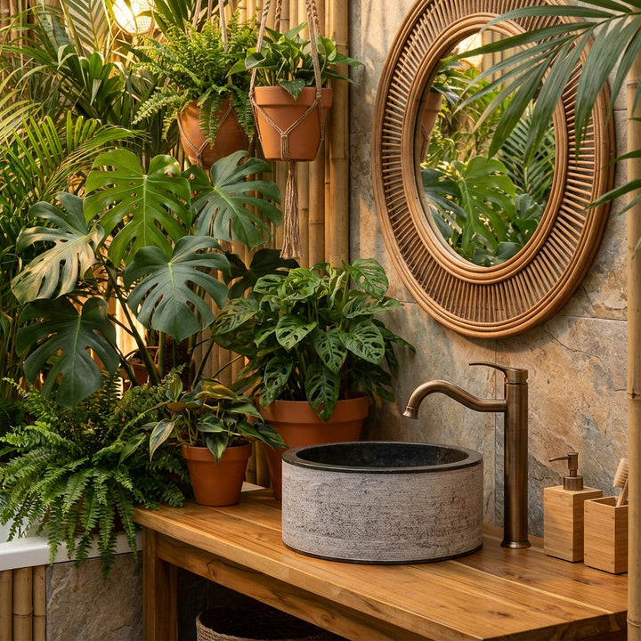 Round stone sink on wooden console surrounded by lush plants and bamboo details in natural spa bathroom ambience.