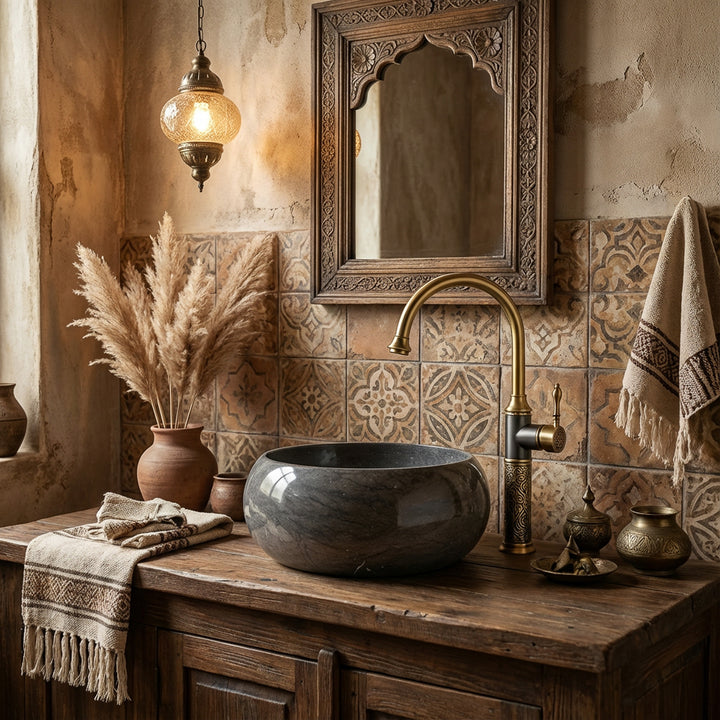 Round countertop washbasin made of natural stone on a rustic wooden washstand in an oriental bathroom with a brass fitting and patterned tiles