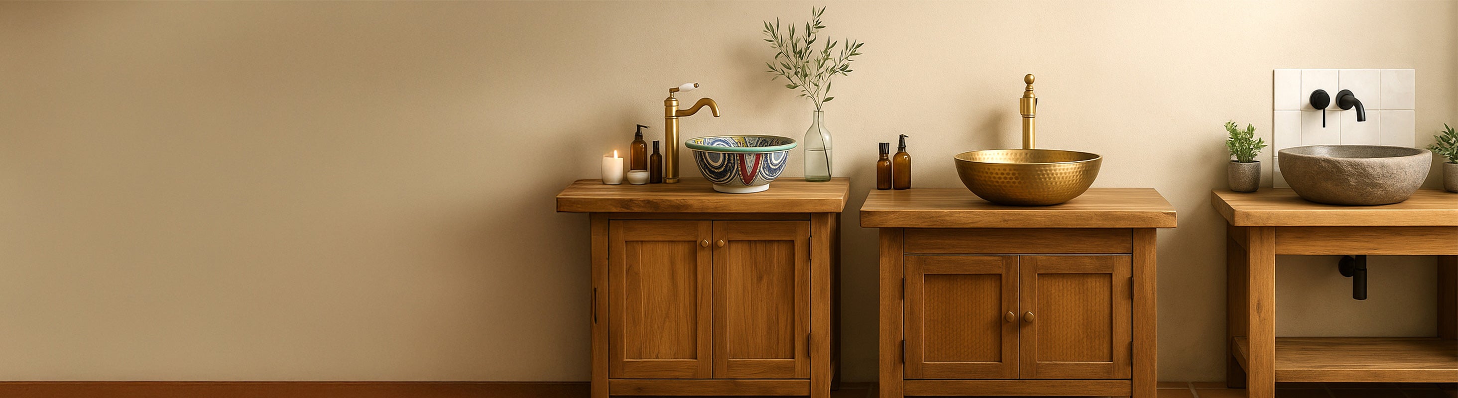washbasin – Drei hochwertige Waschbecken aus Naturstein, Metall und Keramik auf rustikalen Holz-Waschtischen vor heller Wand – modernes Showroom-Ambient